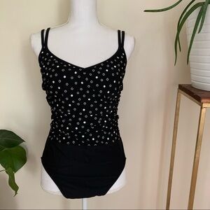 Miraclesuit Ruched Polka Dot One Piece Swimsuit in Black & White sz 10